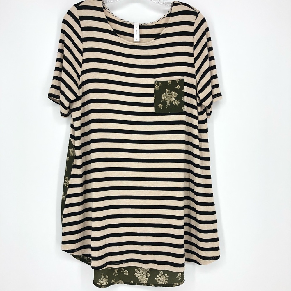 Honeyme Striped Tunic Blouse Short Sleeve Green Floral Back Size Medium